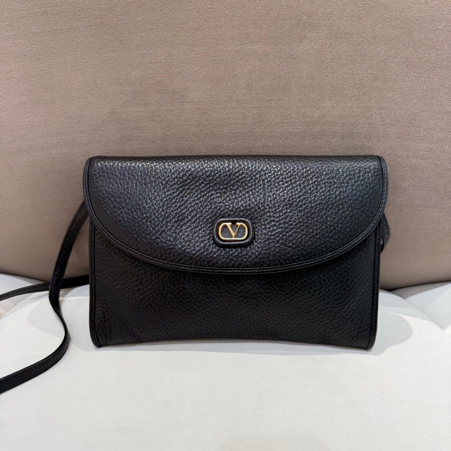 Valentino Garavani Vintage Black Leather V Logo Shoulder Bag