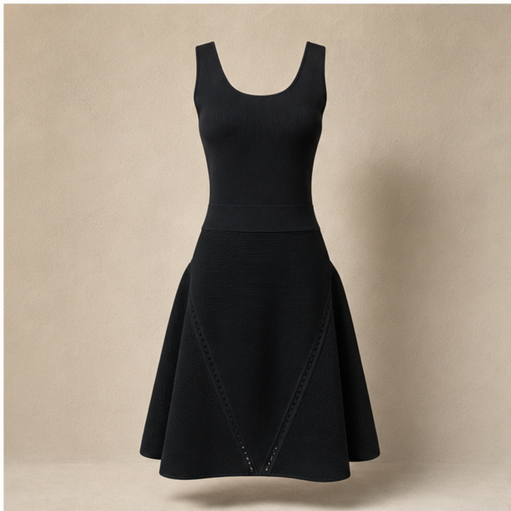 Chanel vintage black sleeveless knit structured flared dress front view