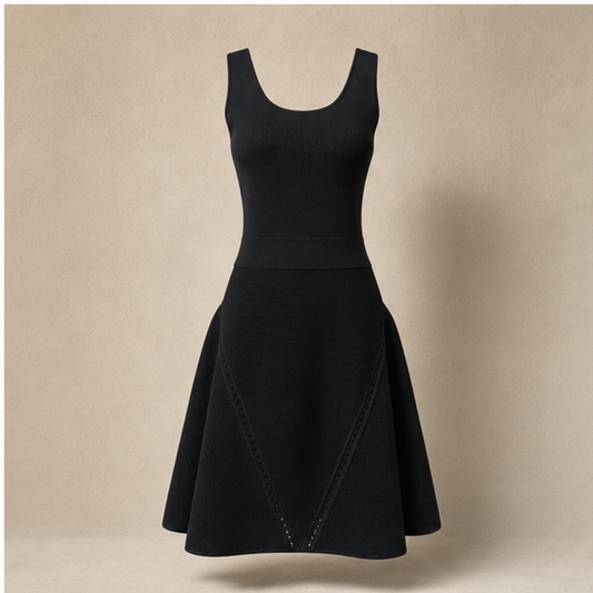 Chanel vintage black sleeveless knit structured flared dress front view