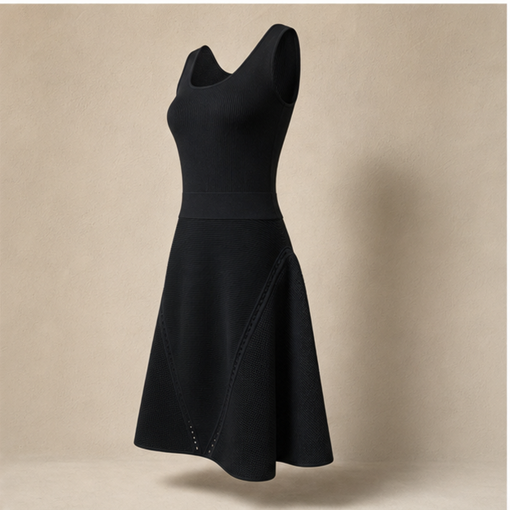 Chanel vintage black sleeveless knit structured flared dress left front view