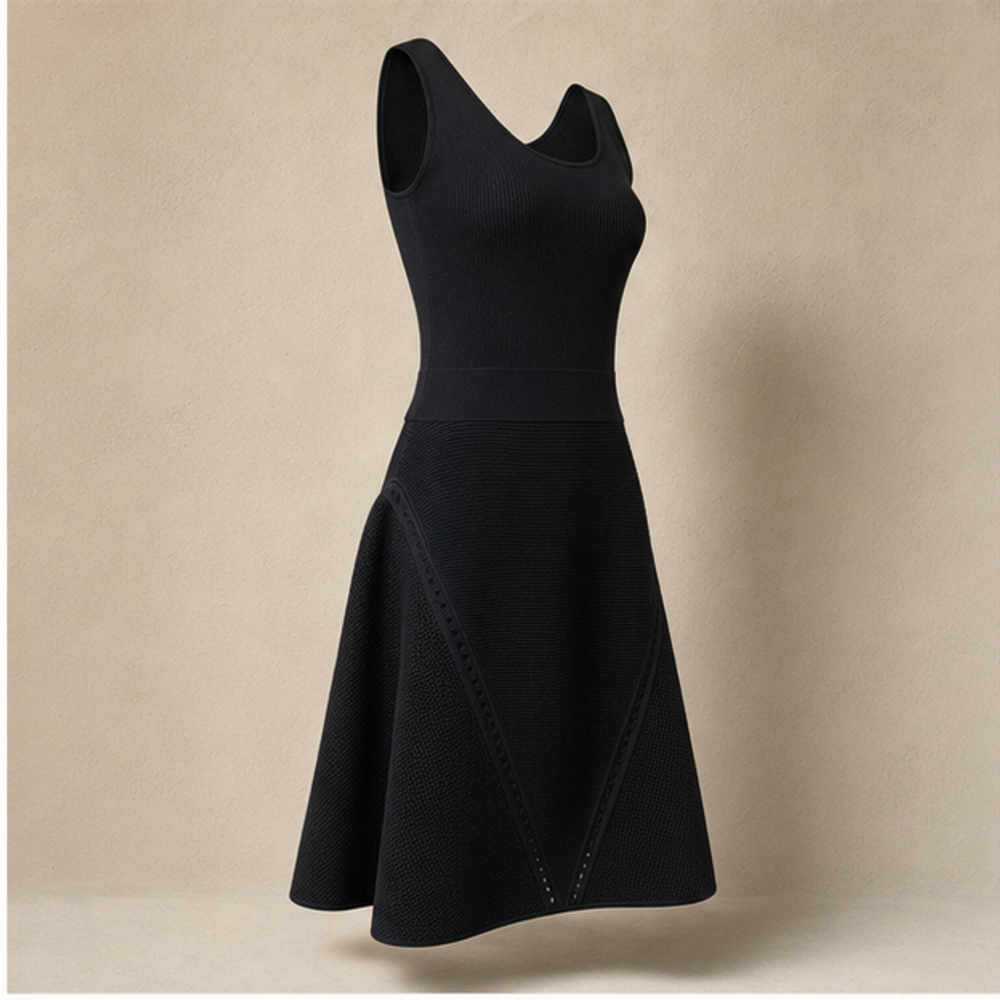 Chanel vintage black sleeveless knit structured flared dress right front view