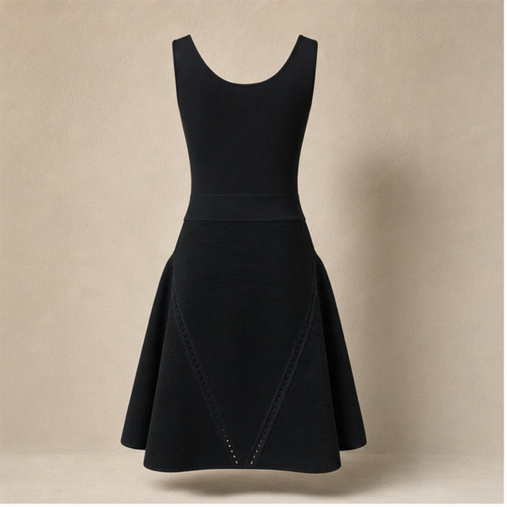 Chanel vintage black sleeveless knit structured flared dress back view