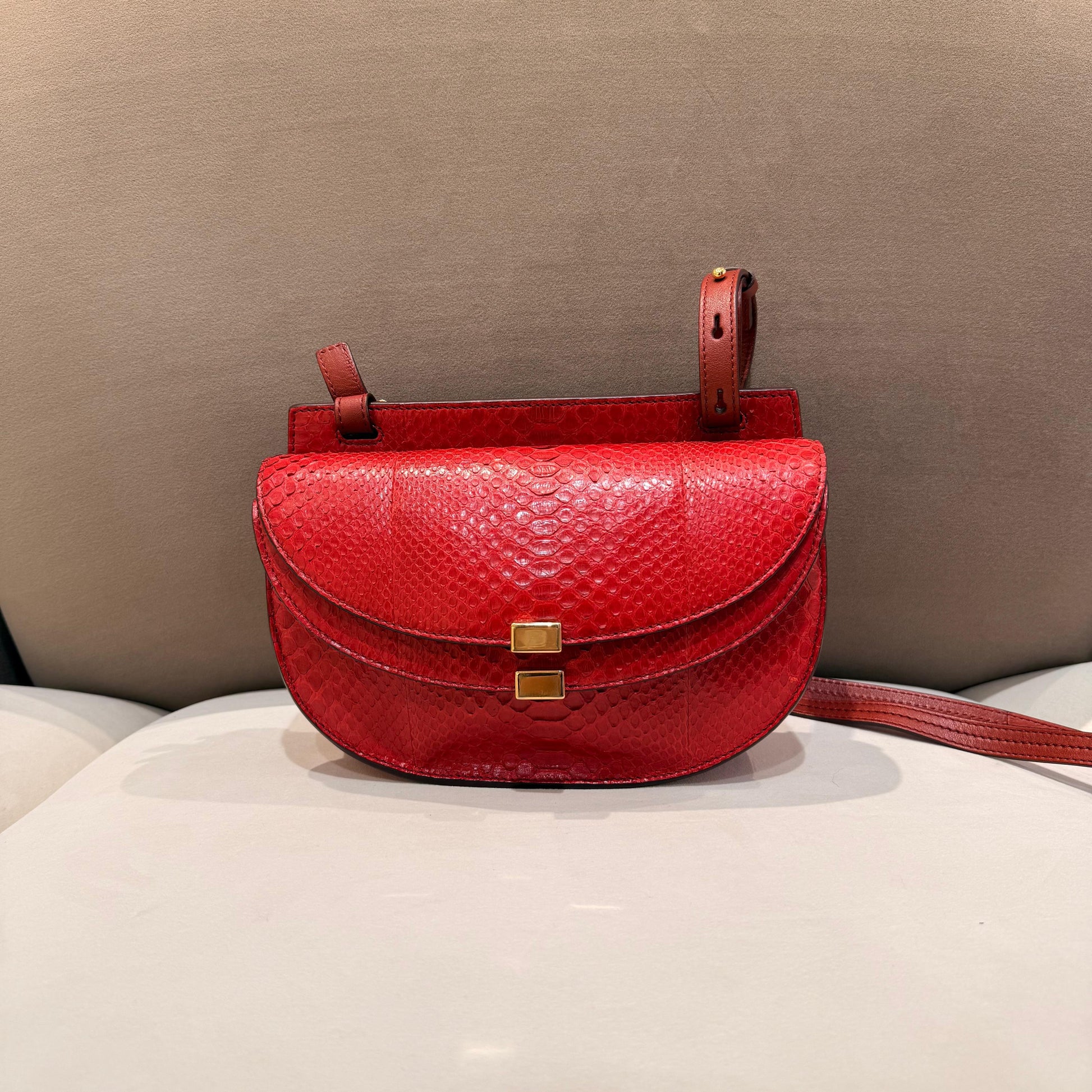 Chloé Georgia Mini red python leather shoulder bag – front view with strap