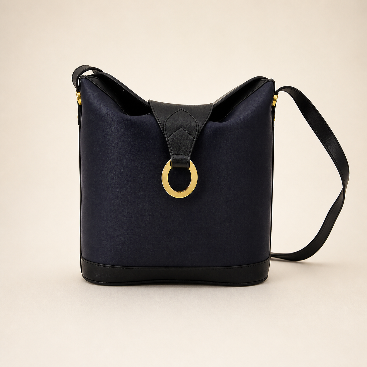 Christian Dior vintage navy and black shoulder bag with gold-tone ring, front view