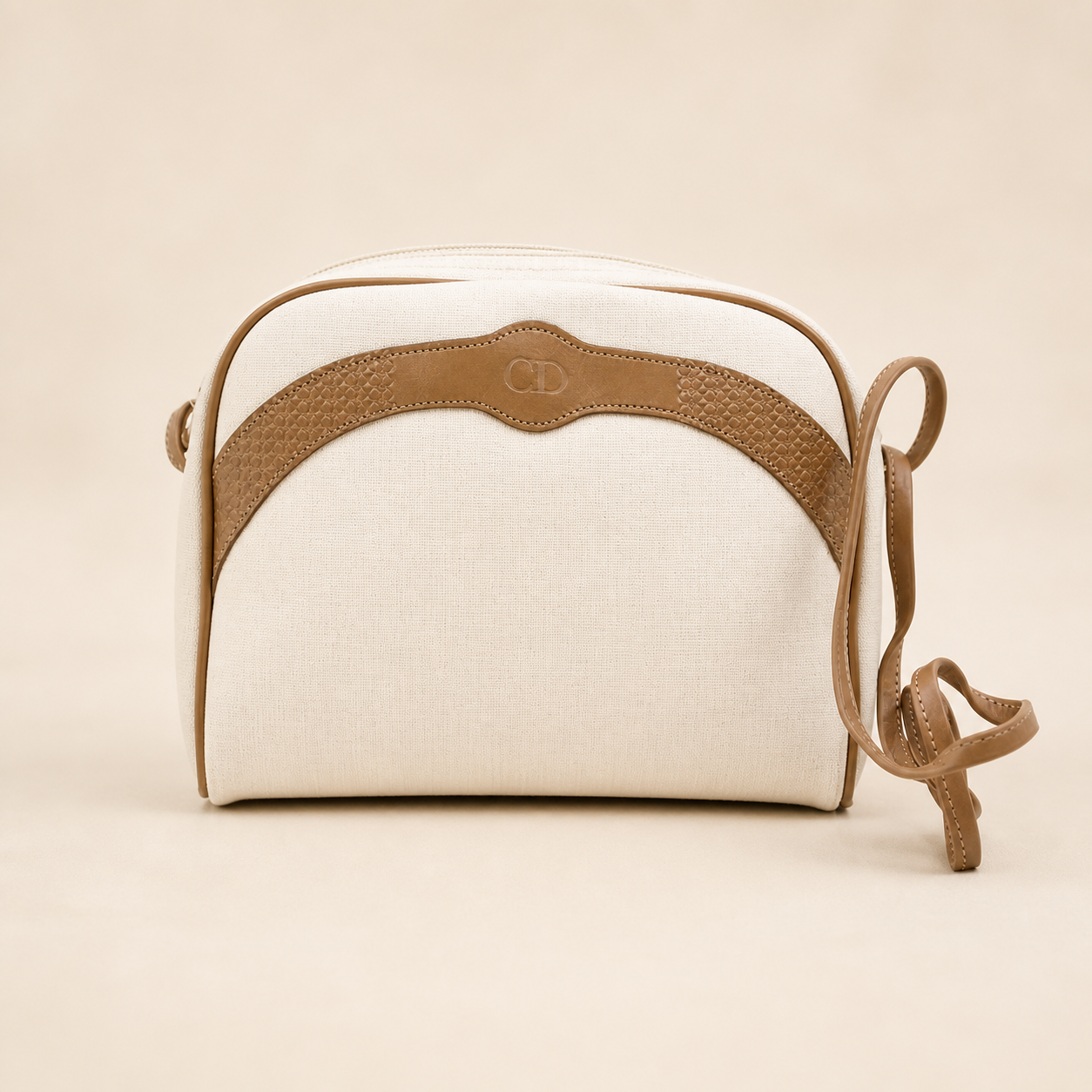 Christian Dior vintage ivory canvas and tan leather shoulder bag, front view