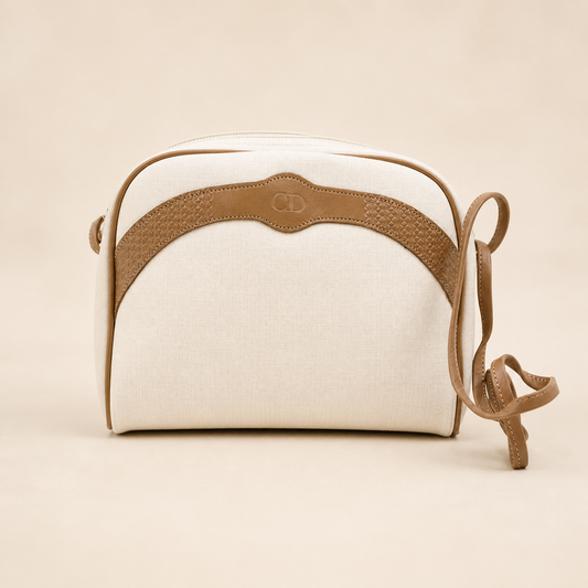 Christian Dior vintage ivory canvas and tan leather shoulder bag, front view