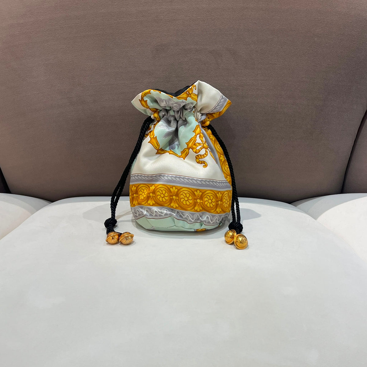 Celine Vintage Ivory Gold Silk Scarf Drawstring Pouch