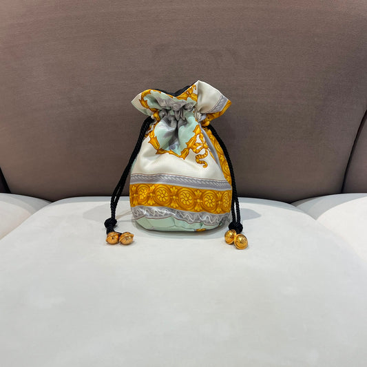 Celine Vintage Ivory Gold Silk Scarf Drawstring Pouch