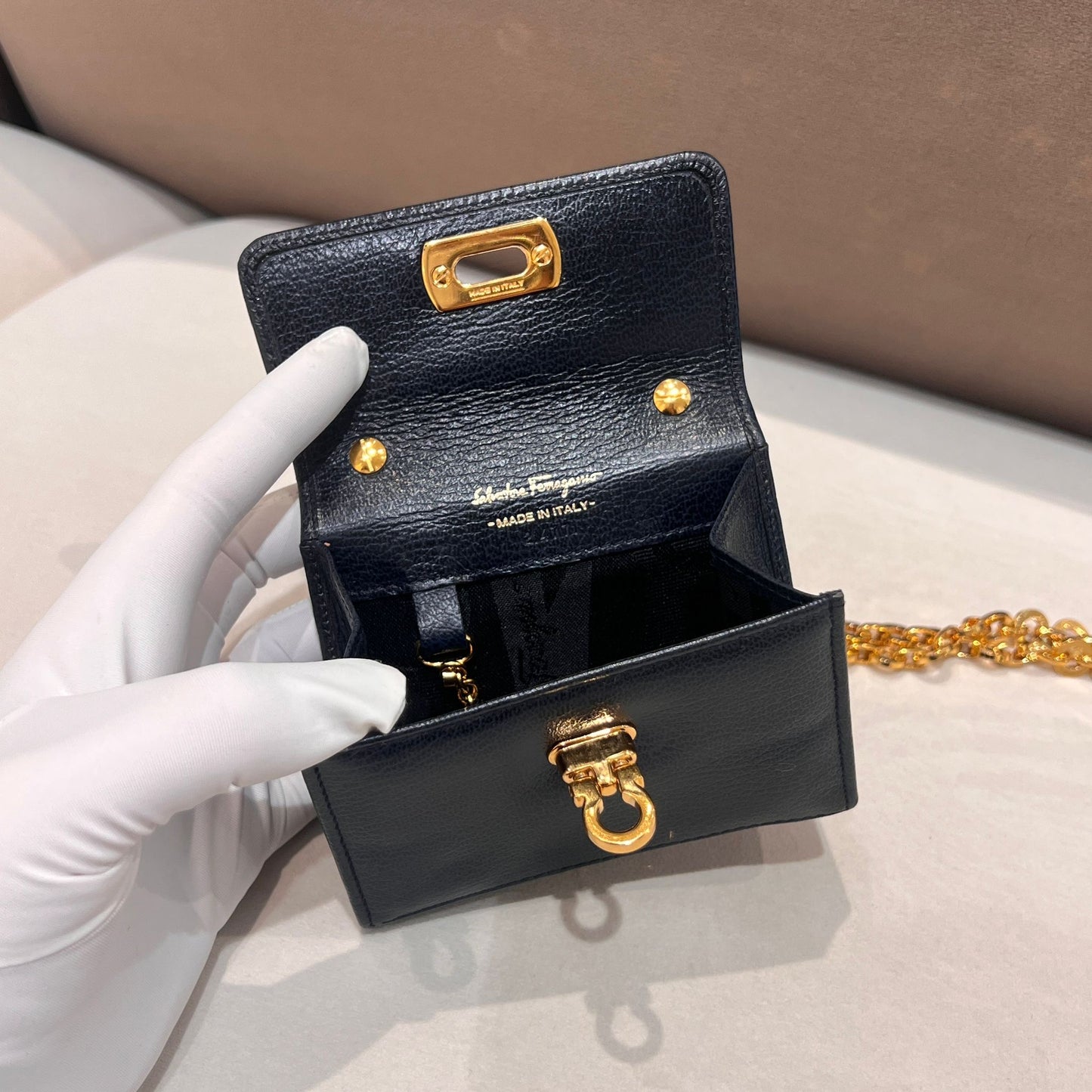 Ferragamo Vintage Gancini Navy Leather Mini Chain Shoulder Bag