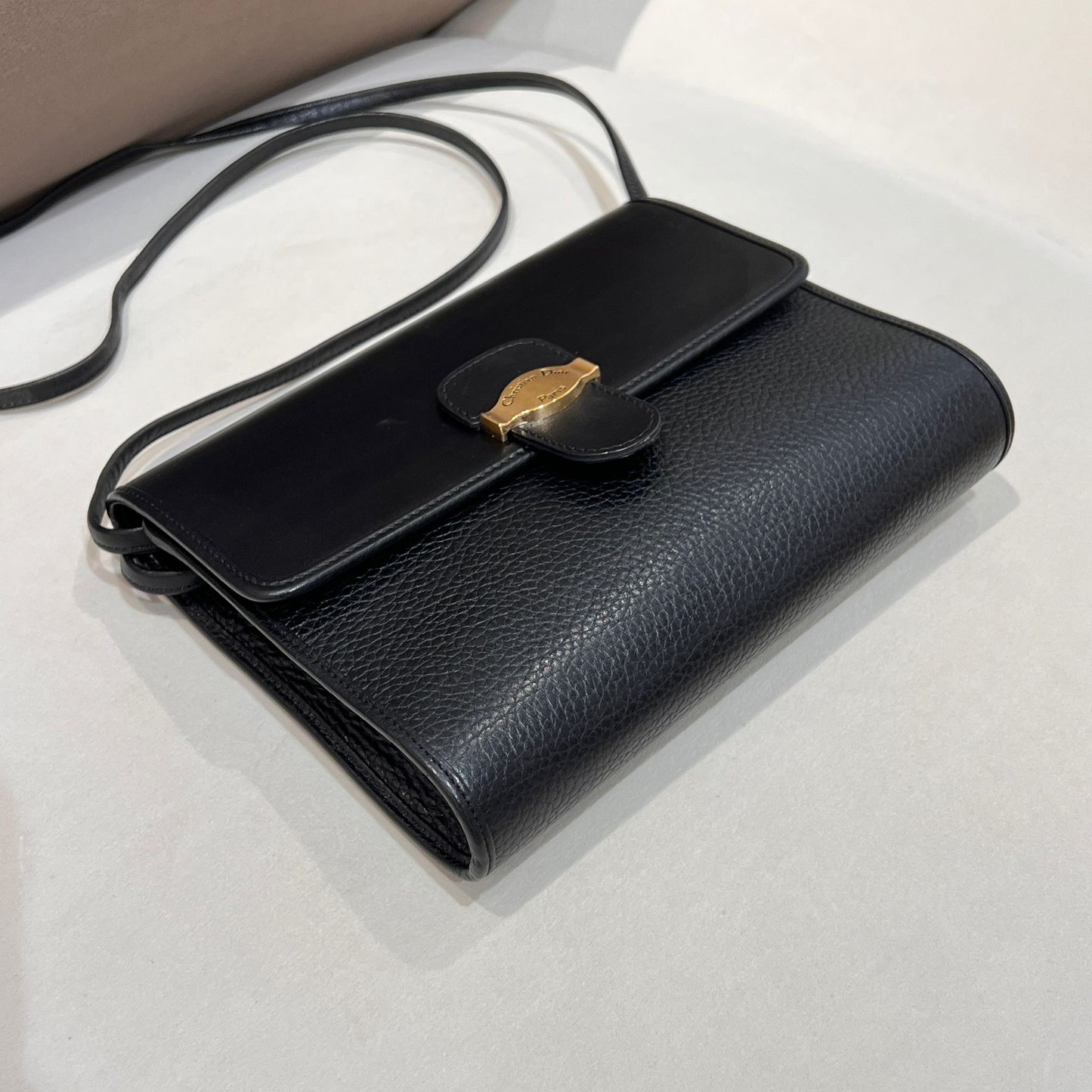 Christian Dior Vintage Black Leather Shoulder Bag With Gold-Tone Heritage Clasp