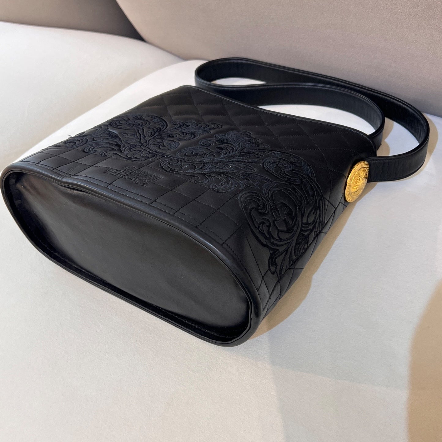 Versace Vintage Quilted Leather Baroque Bucket Shoulder Bag Black