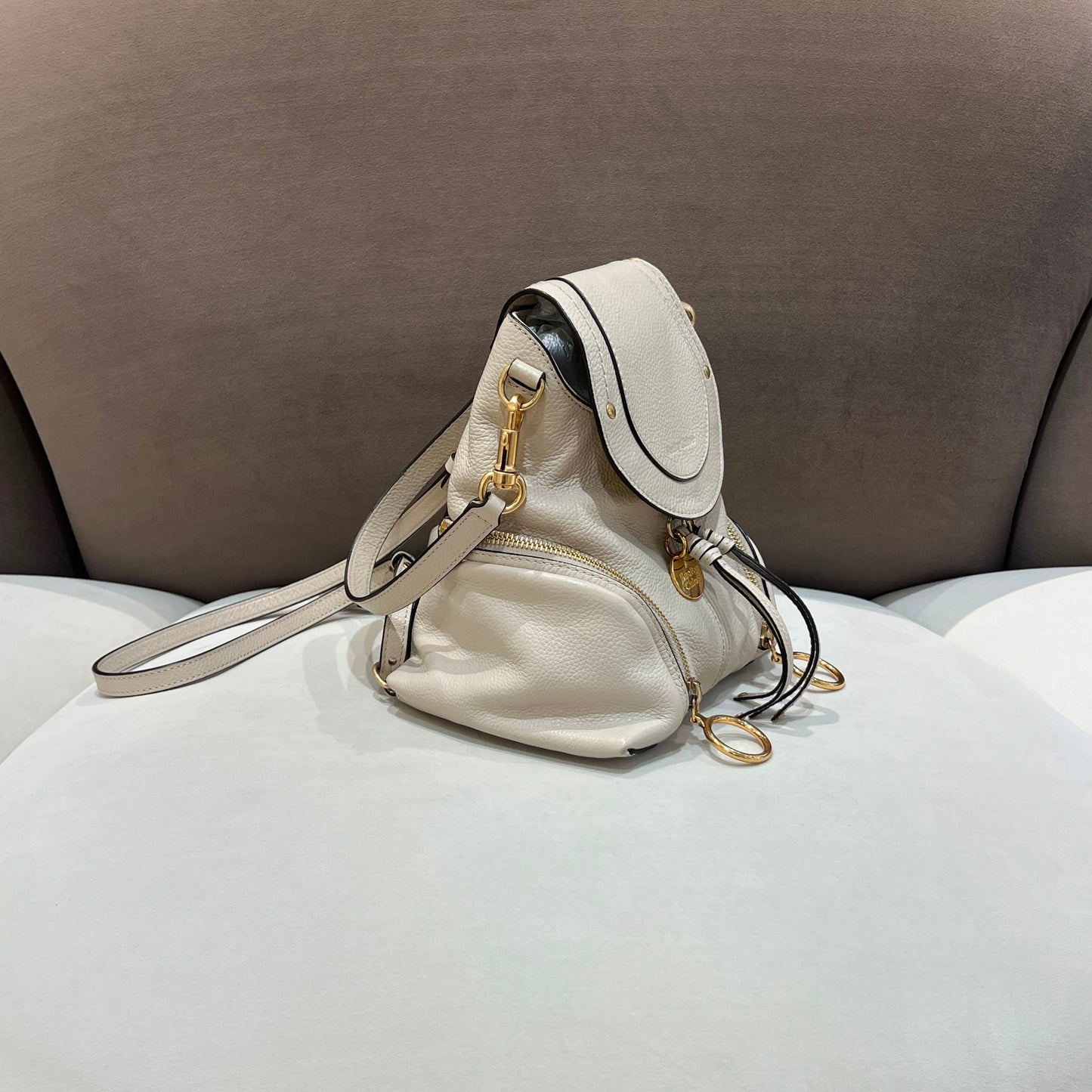 See By Chloé Vintage Ivory Leather Drawstring Backpack