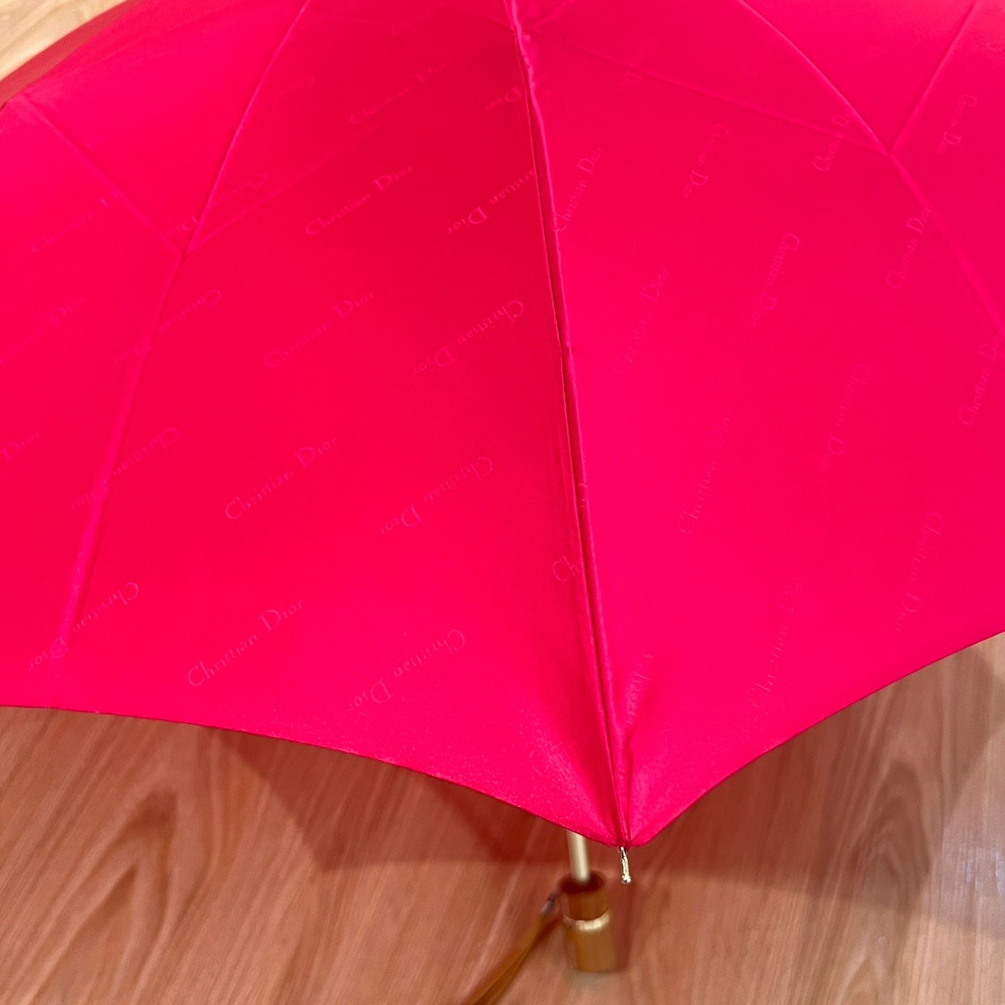 Christian Dior Vintage Red Monogram Oblique Folding Umbrella with Wood Handle