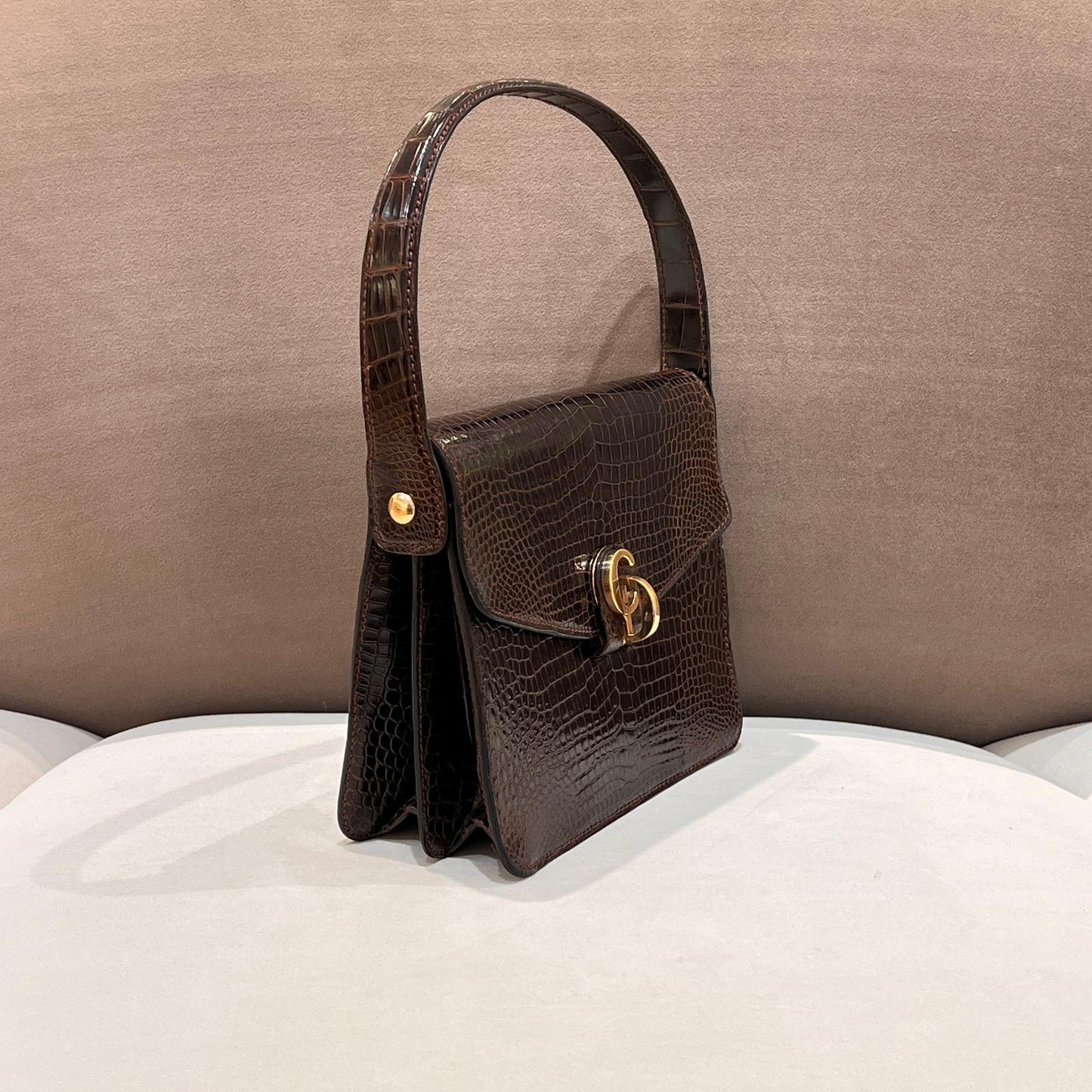 Christian Dior Vintage Crocodile-Embossed Brown G-Clasp Handbag