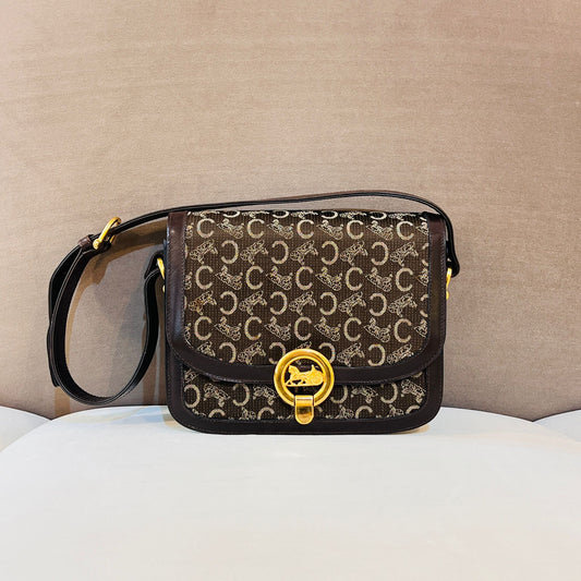 Celine Vintage Triomphe Canvas Khaki Leather Gold Clasp Shoulder Bag