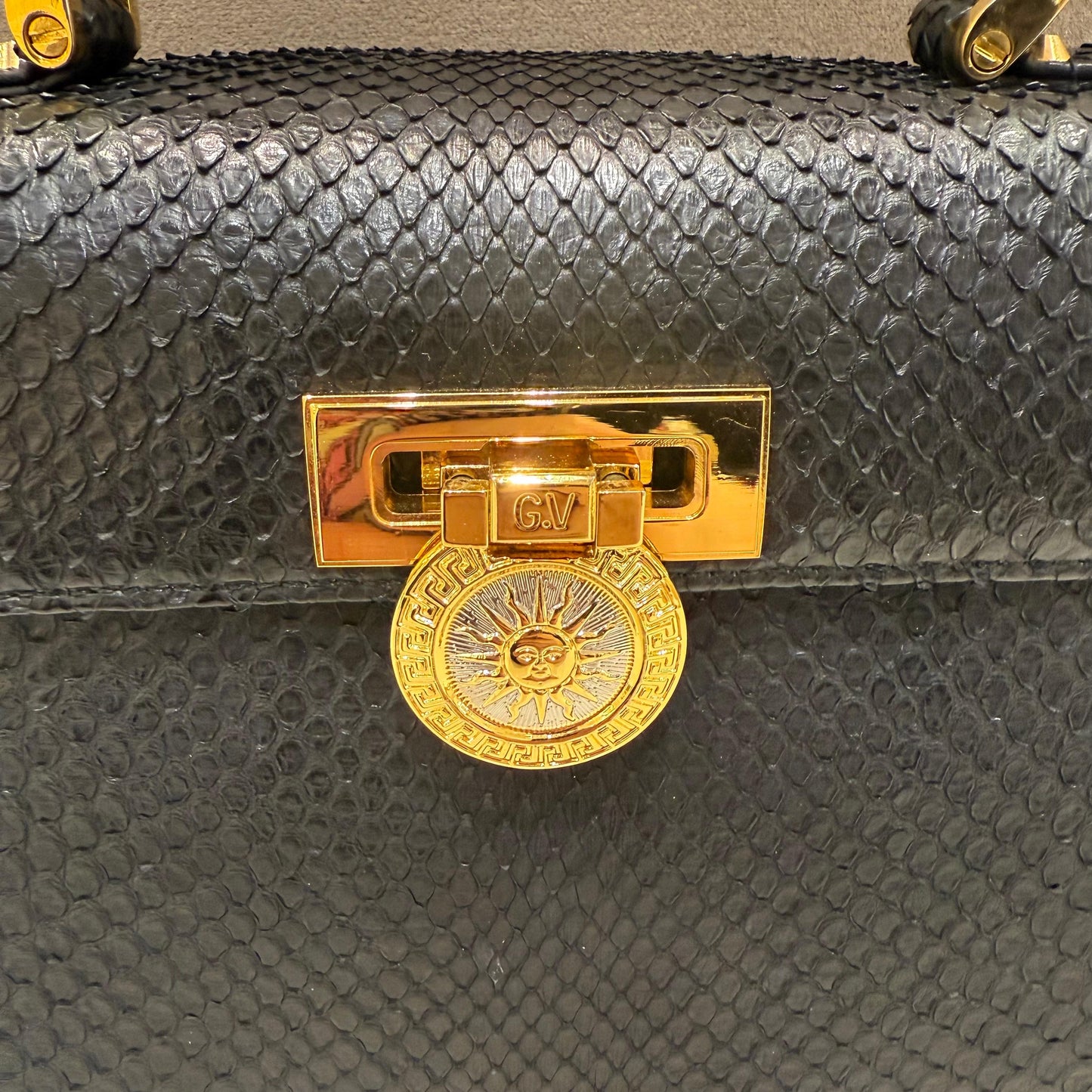 Versace Vintage Black Python Textured Top Handle Handbag