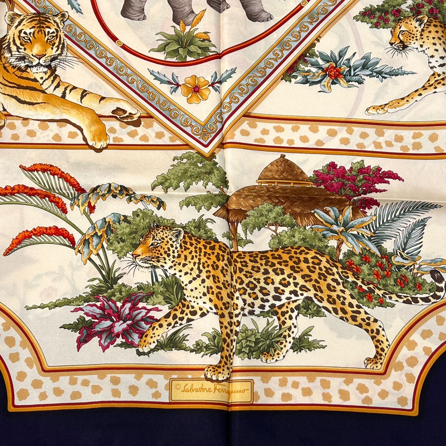 Ferragamo Vintage Leopard Equestrian Print Silk Scarf Multicolour 88 X 86 Cm