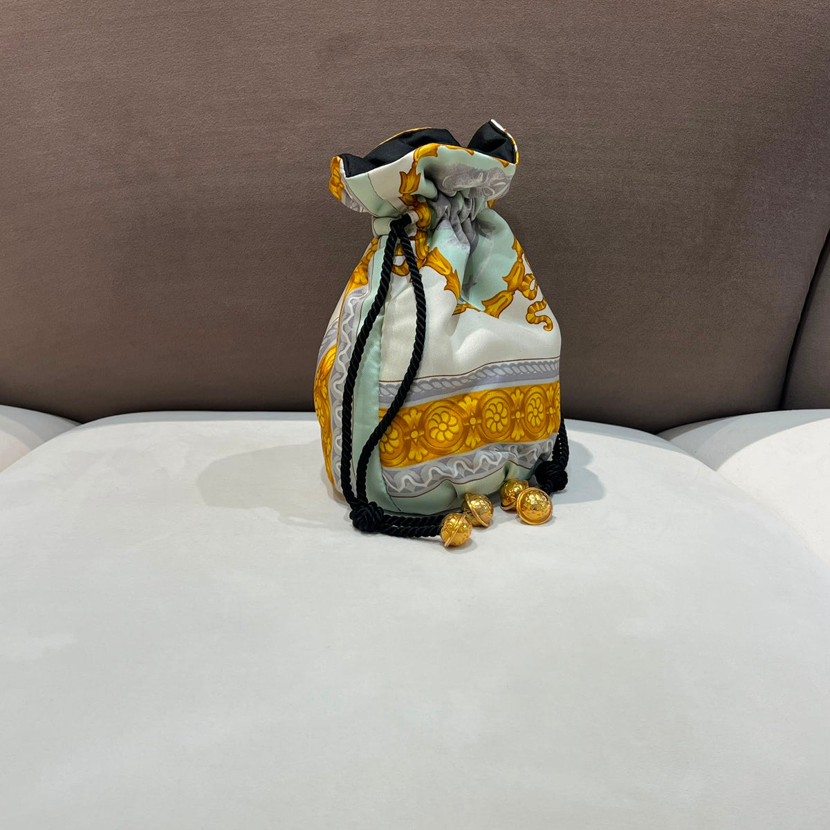 Celine Vintage Ivory Gold Silk Scarf Drawstring Pouch