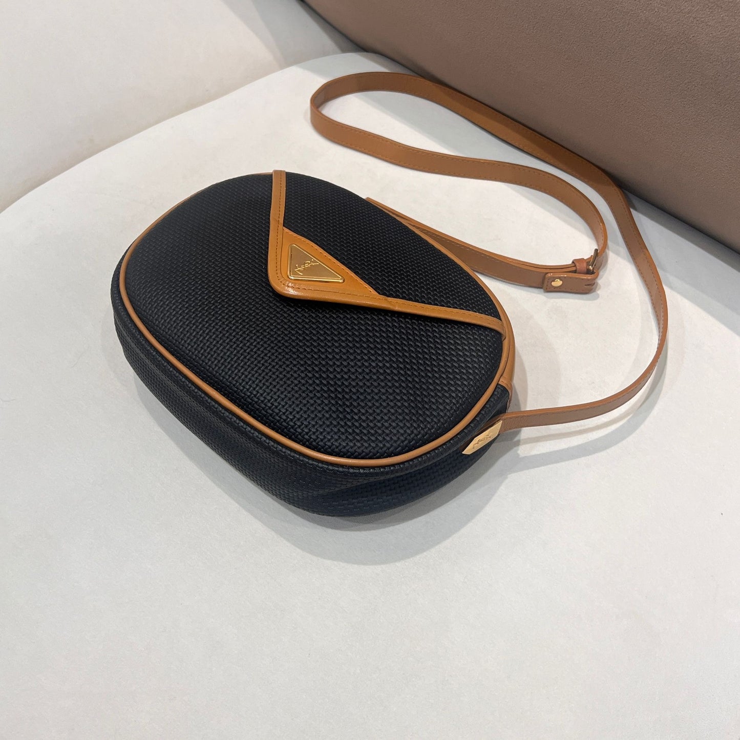 Yves Saint Laurent Vintage Textured Leather Navy Oval Crossbody Shoulder Bag