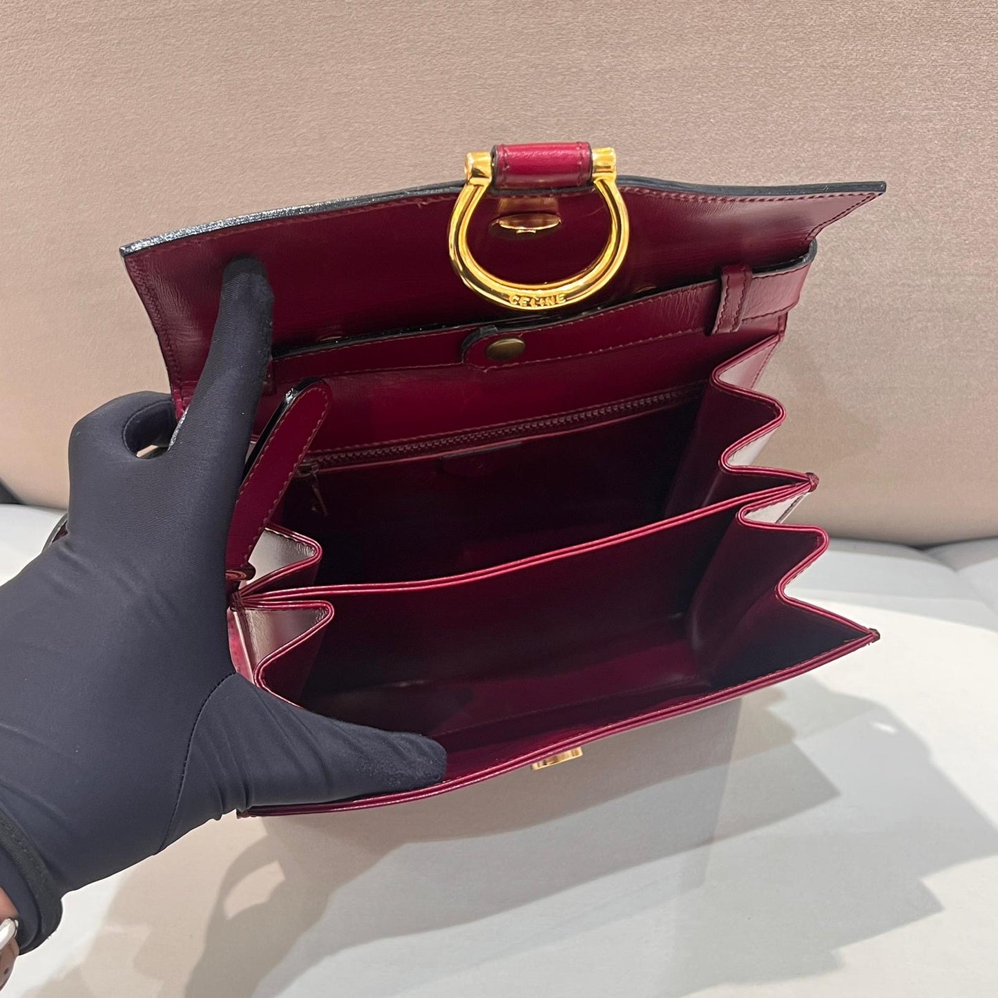 Celine Vintage Burgundy Leather Gold Ring Top Handle Bag