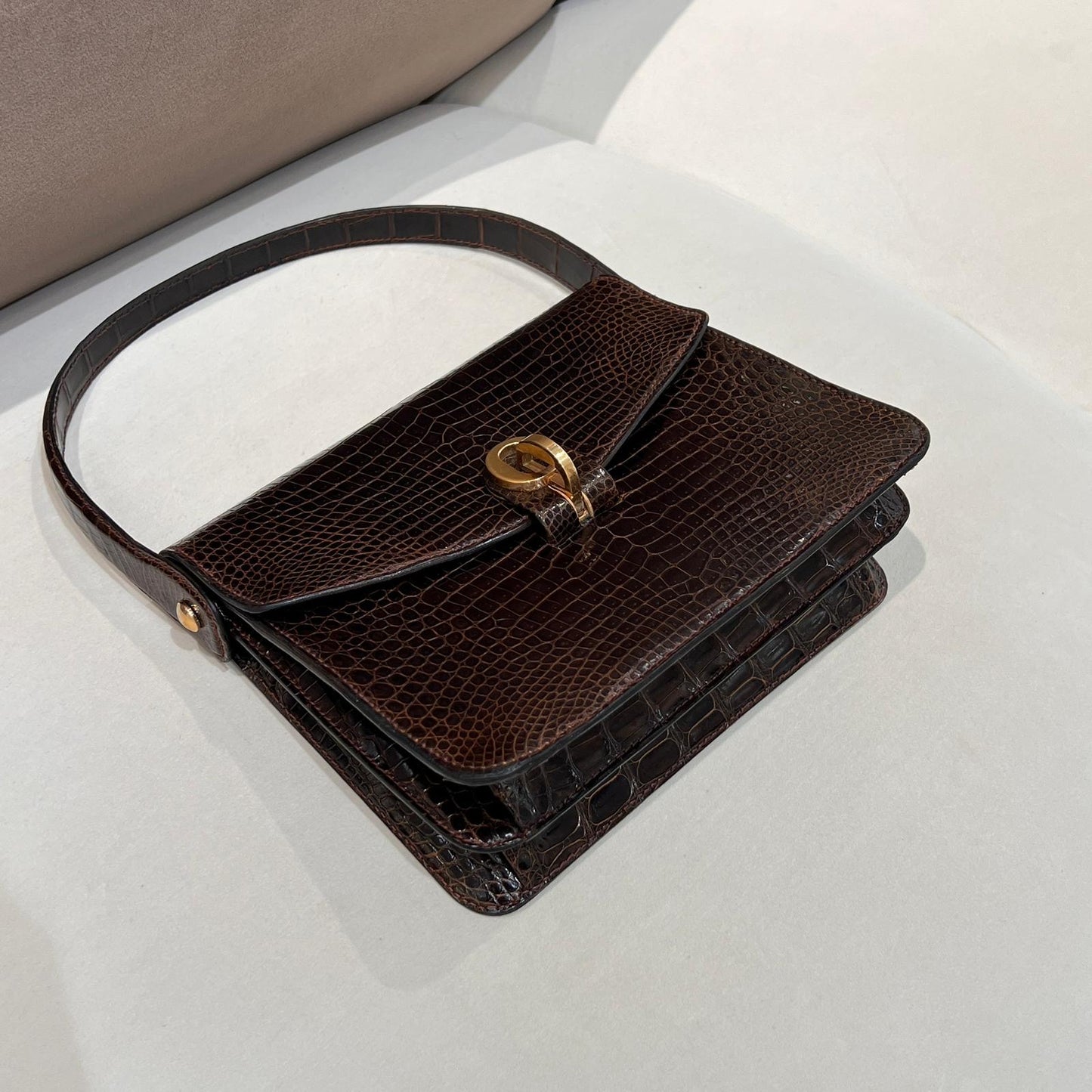 Christian Dior Vintage Crocodile-Embossed Brown G-Clasp Handbag