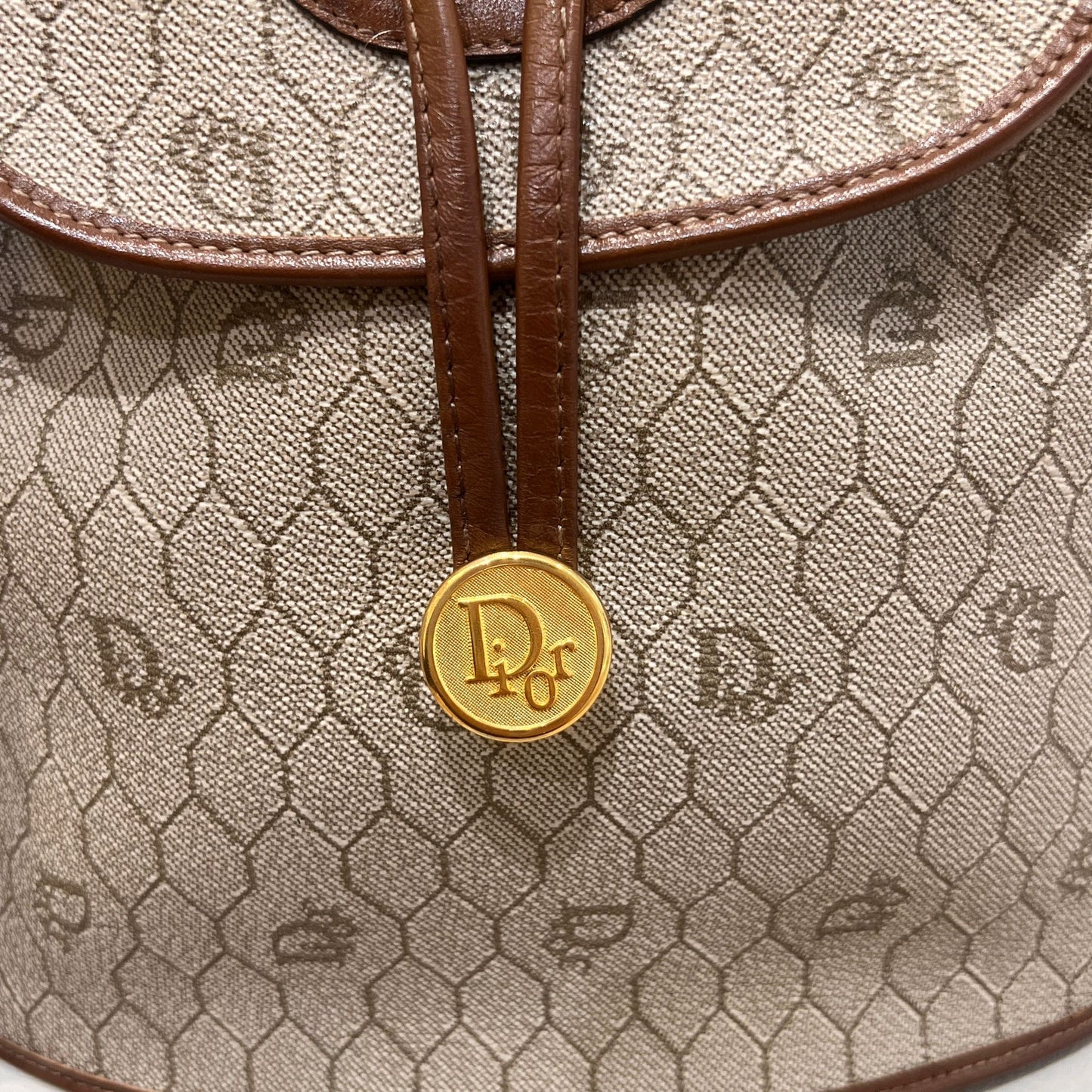 Christian Dior Vintage Honeycomb Pvc Brown Leather Drawstring Backpack