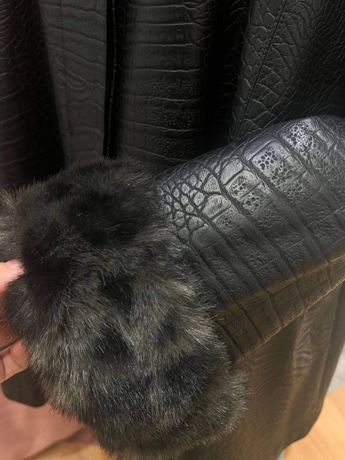 Christian Dior Vintage Miss Dior Black Crocodile-embossed Coat with Fur Trim Cuffs