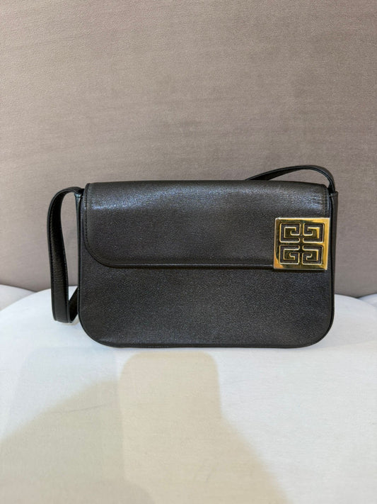 Givenchy Vintage Logo Plaque Black Leather Shoulder Bag