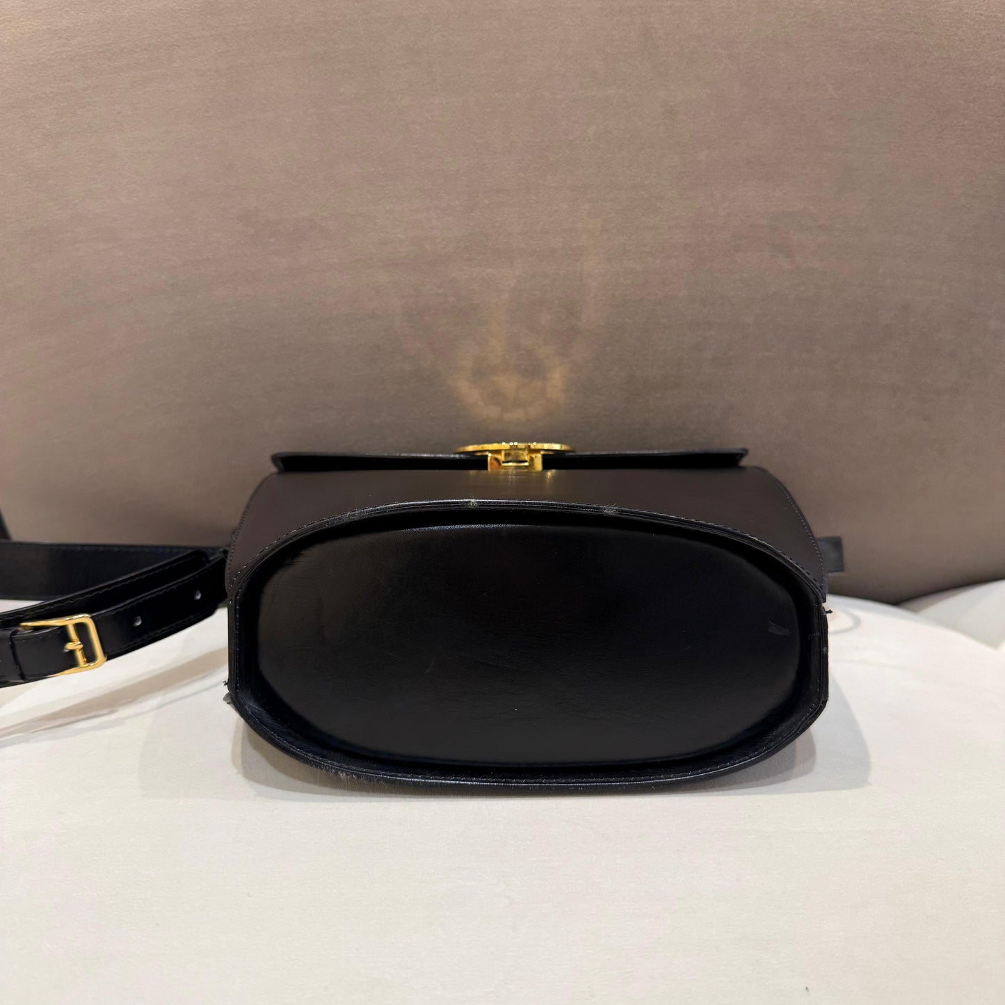 Celine Vintage Black Leather Circle Logo Shoulder Bag