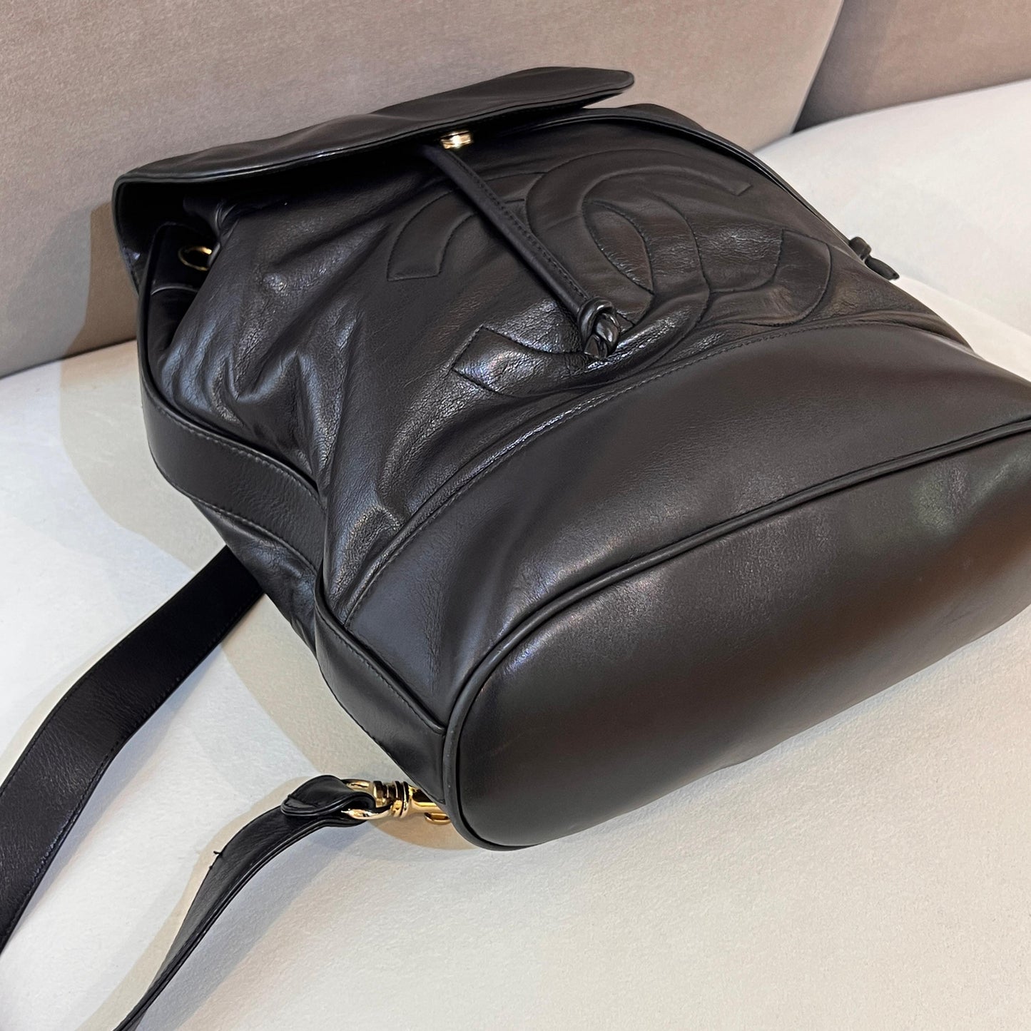 Chanel Vintage Coco Mark Black Lambskin Leather Backpack