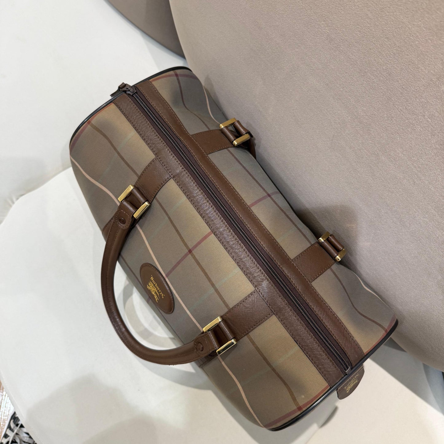 Burberry Vintage Haymarket Check Canvas Leather Boston Bag