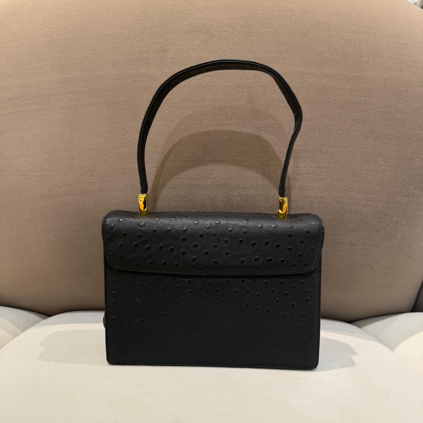 Givenchy Vintage Black Ostrich Leather Envelope Top Handle Handbag