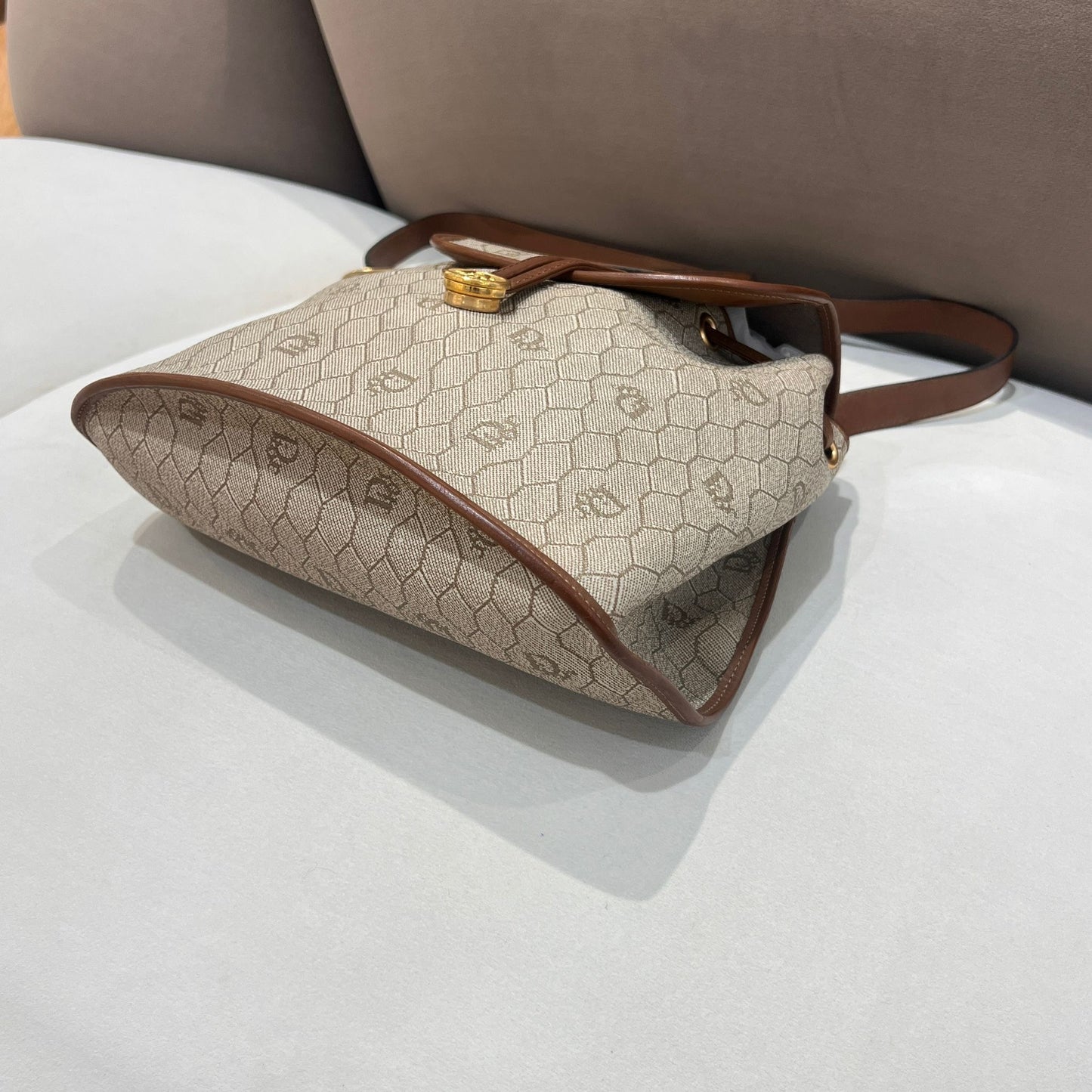 Christian Dior Vintage Honeycomb Pvc Brown Leather Drawstring Backpack