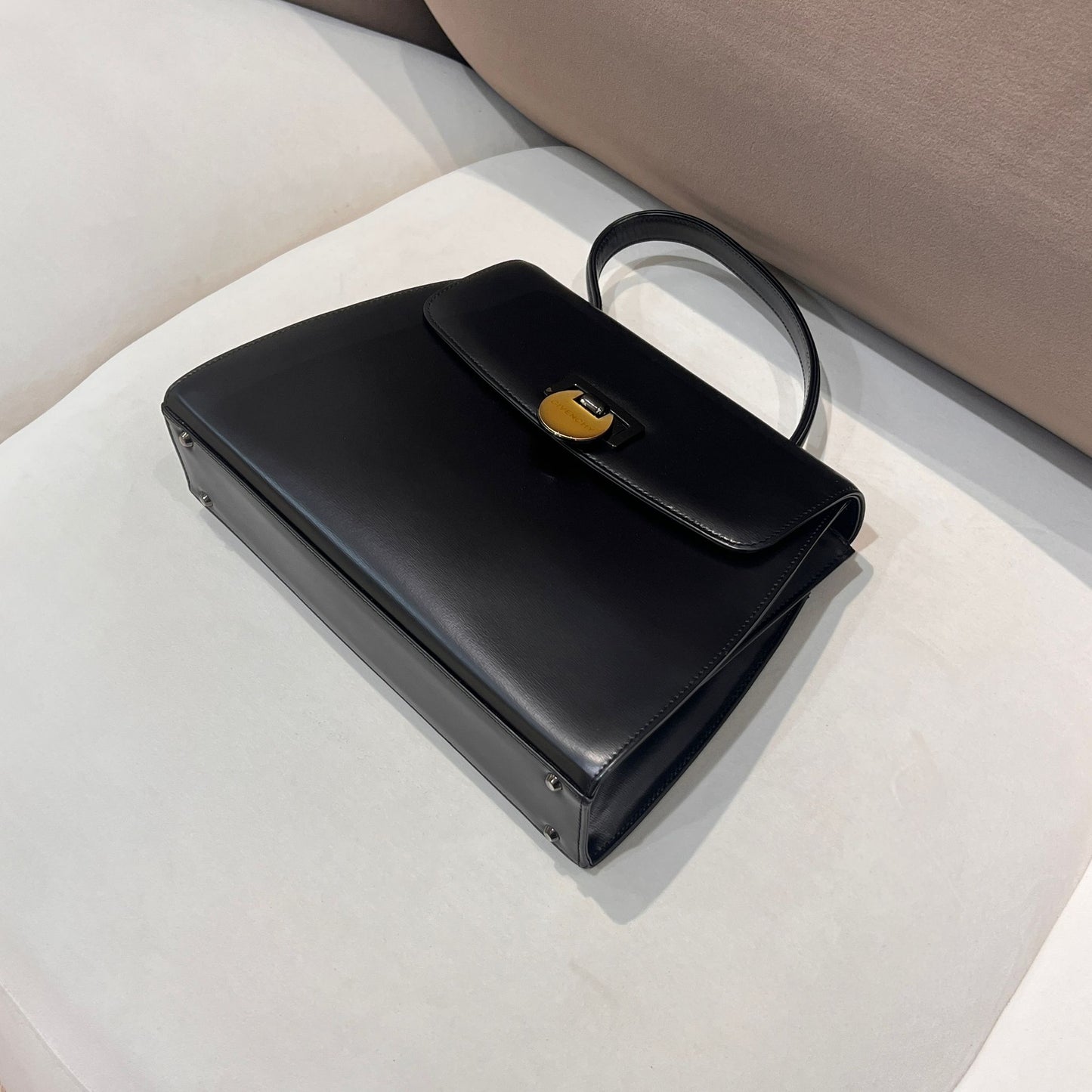 Givenchy Vintage Black Leather Wide Trapezoid Top Handle Clasp Handbag