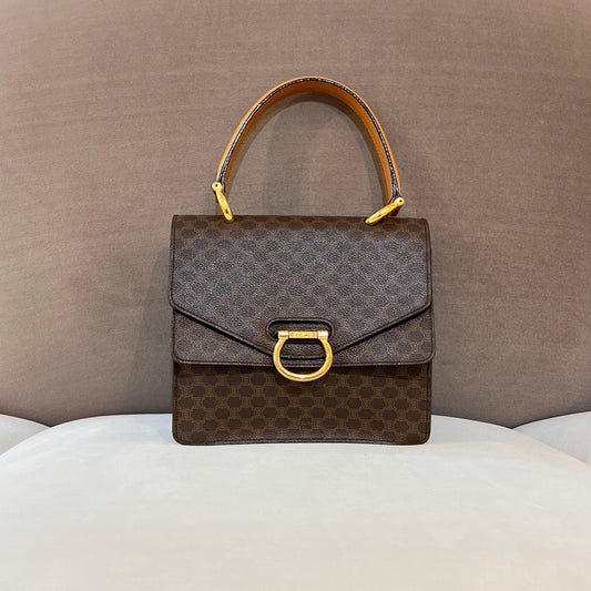 Celine Vintage Macadam Canvas Brown Leather Top Handle Bag