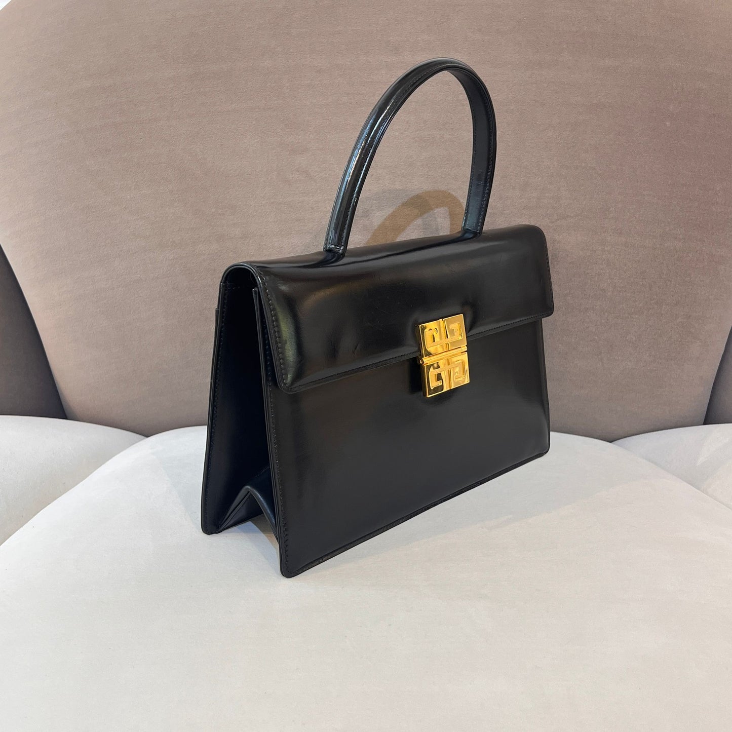 Givenchy Vintage 4G Logo Structured Black Leather Top Handle Bag