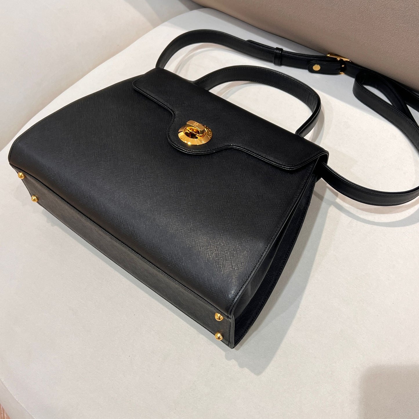 Givenchy Vintage Black Leather Turn Lock 2-Way Top Handle Bag