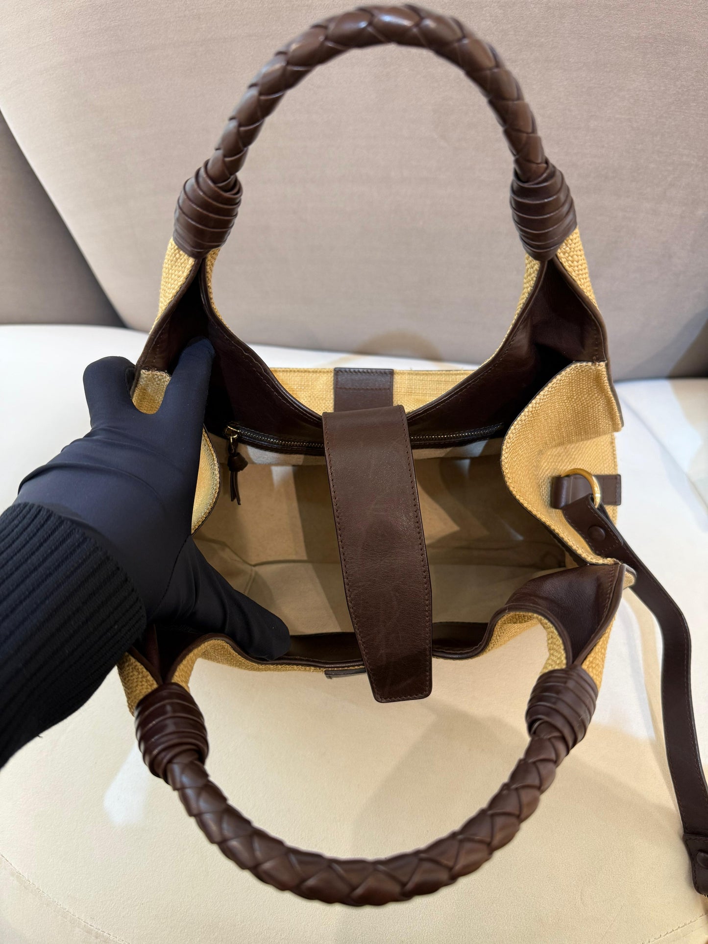 Bottega Veneta Vintage Woven Handle Raffia & Leather Handbag