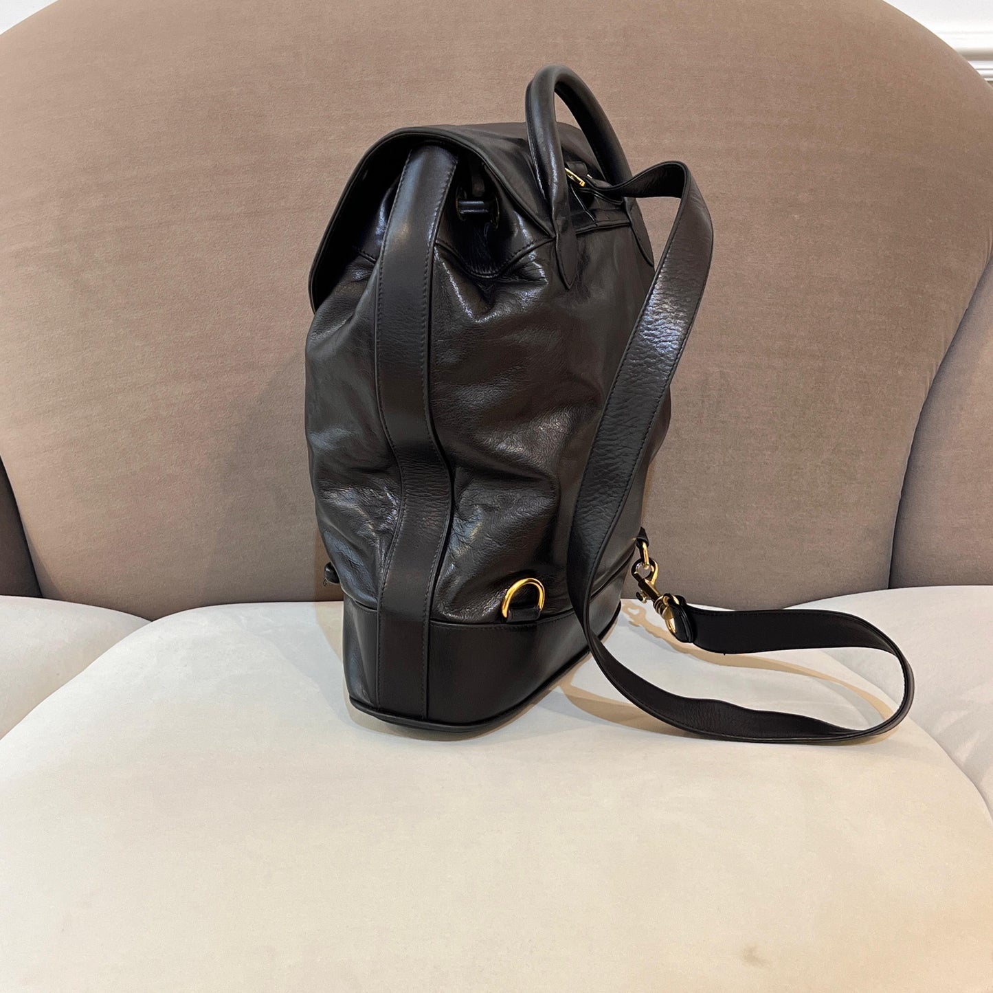 Chanel Vintage Coco Mark Black Lambskin Leather Backpack