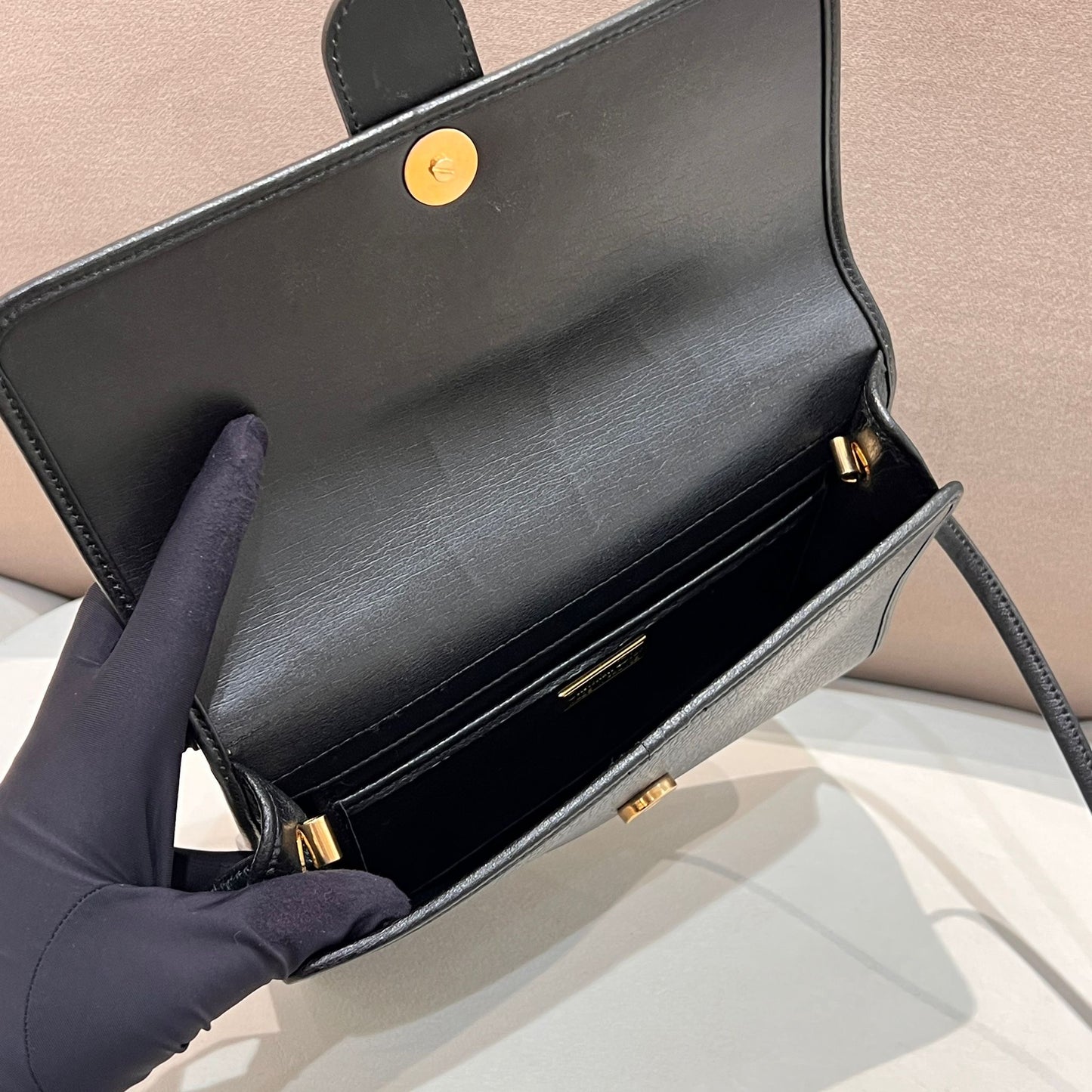 Christian Dior Vintage Black Leather Shoulder Bag With Gold-Tone Heritage Clasp