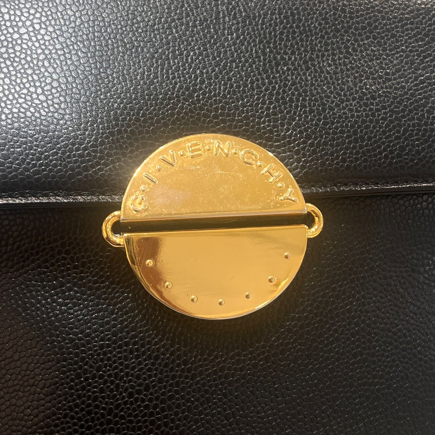 Givenchy Vintage Black Leather Gold Round Clasp Top Handle Handbag