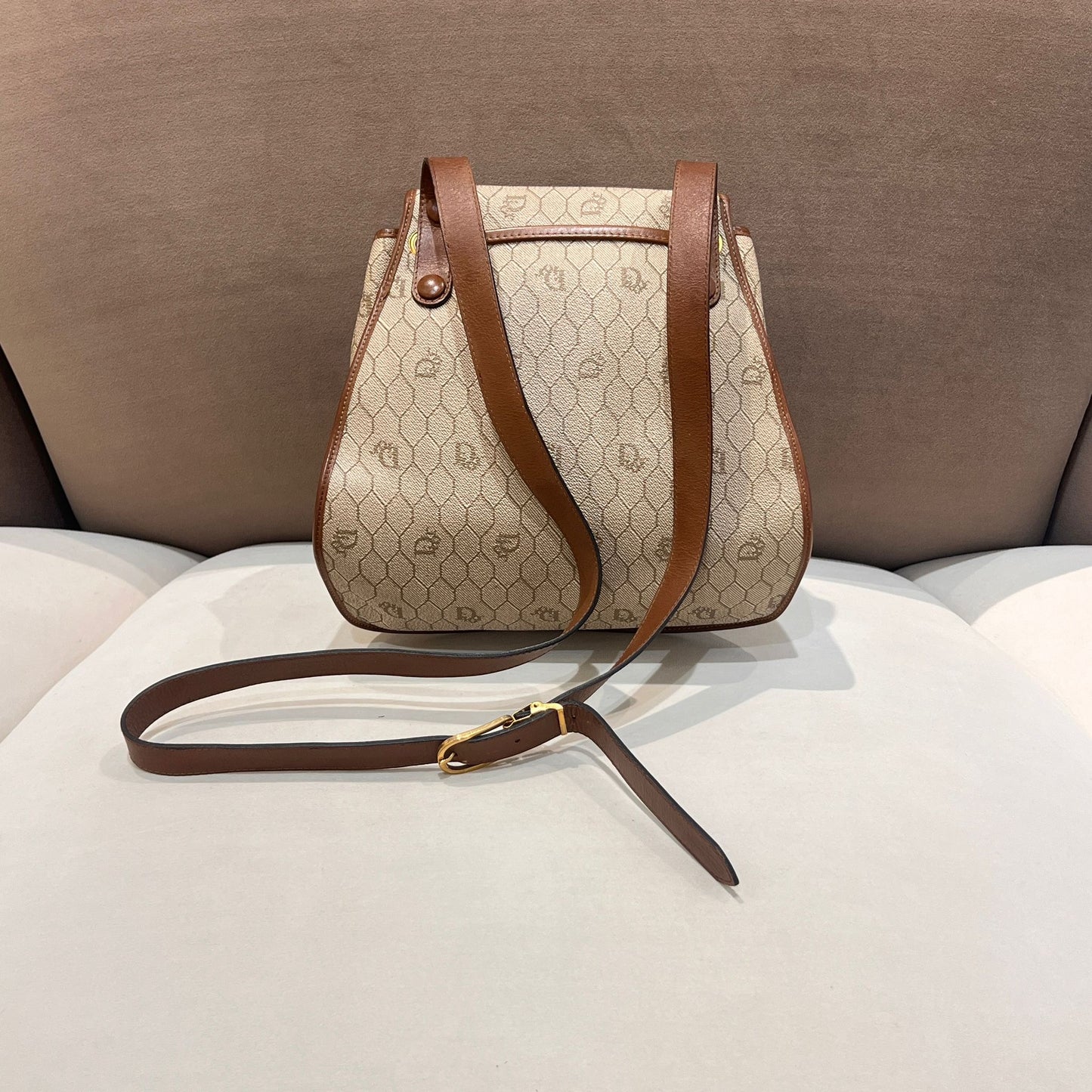 Christian Dior Vintage Honeycomb Pvc Brown Leather Drawstring Backpack