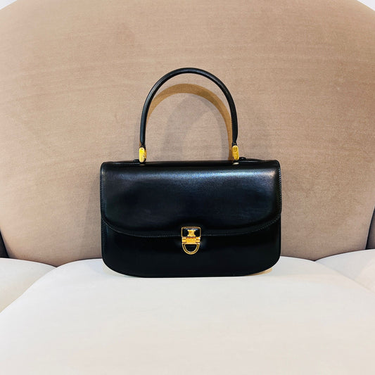 Celine Vintage Triomphe Black Smooth Leather Gold Clasp Top Handle Handbag