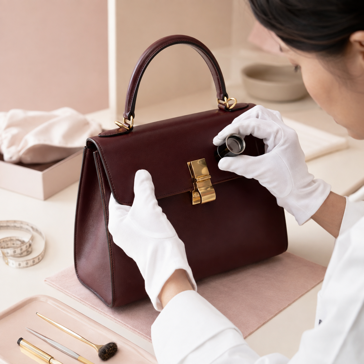 Professional inspection of a vintage handbag's leather, stitching and hardware