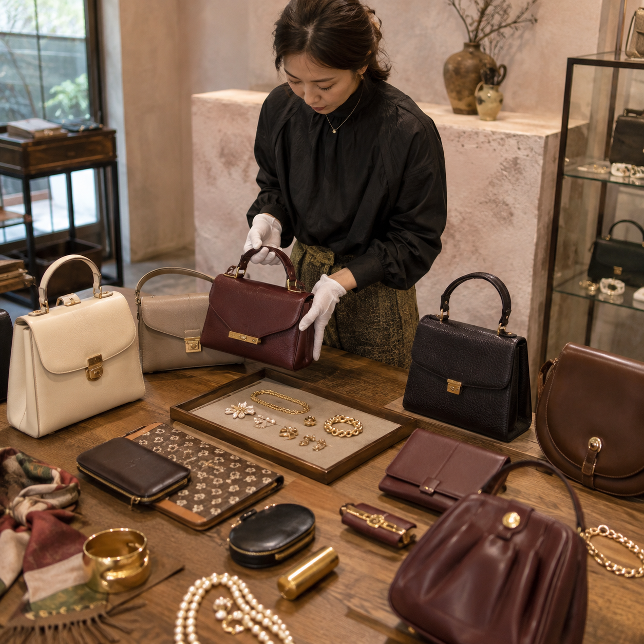 Diorella curator selecting vintage handbags and jewellery in Japan