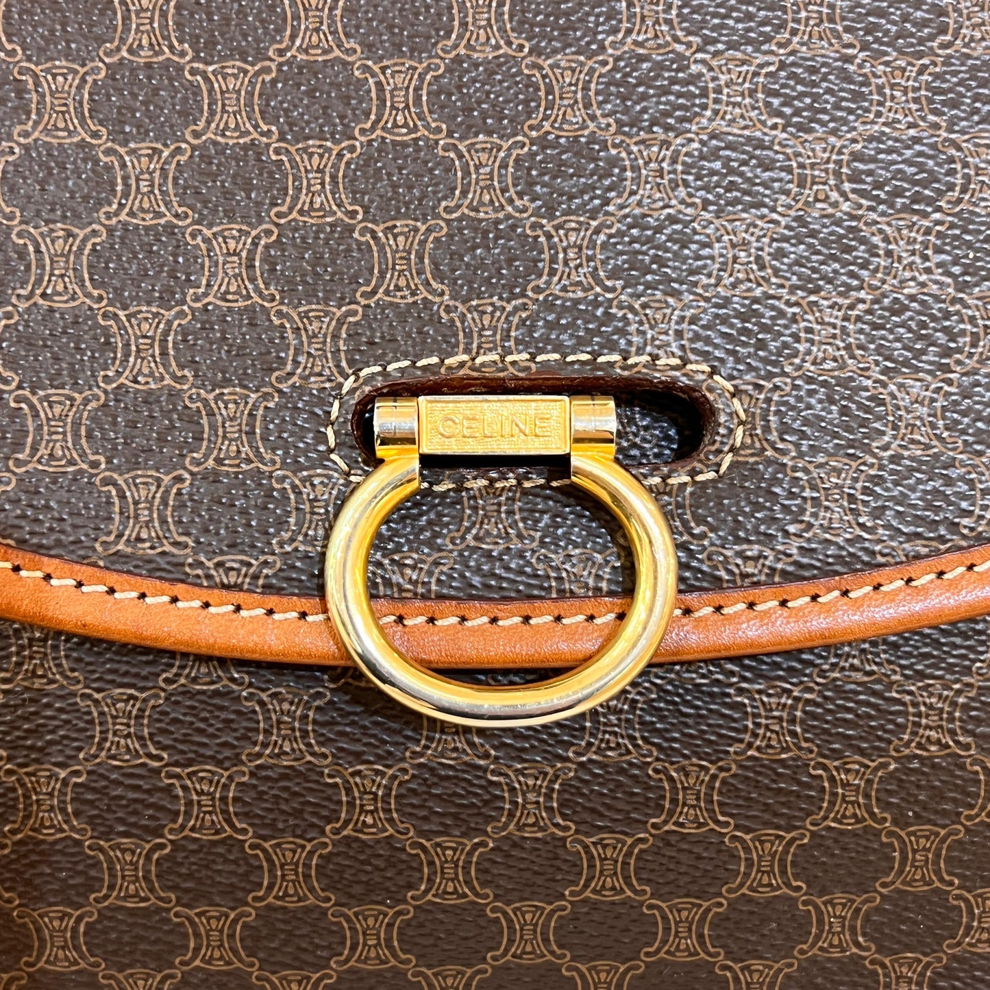 Celine Vintage Macadam Brown Canvas Shoulder Bag With Gold Hardware