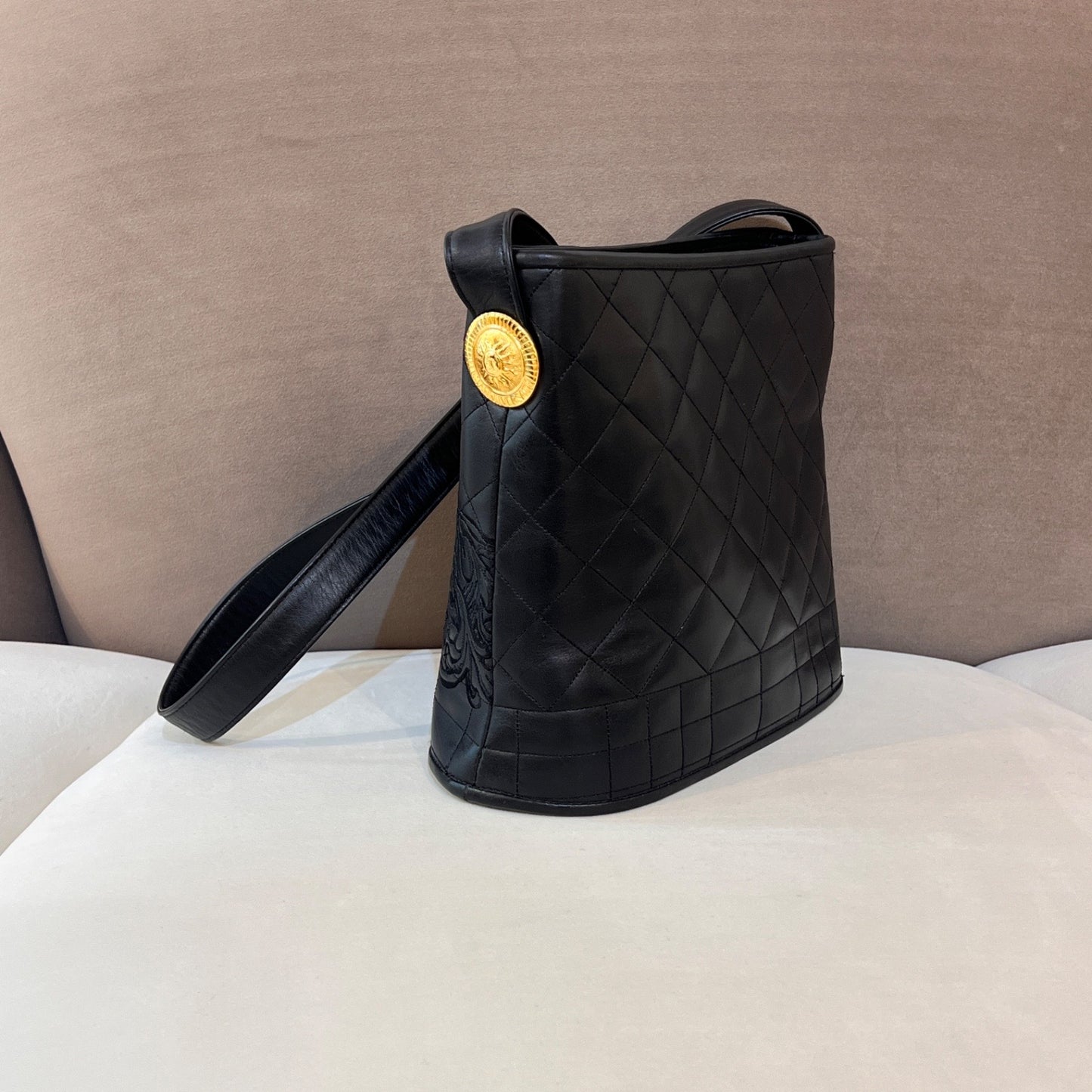 Versace Vintage Quilted Leather Baroque Bucket Shoulder Bag Black