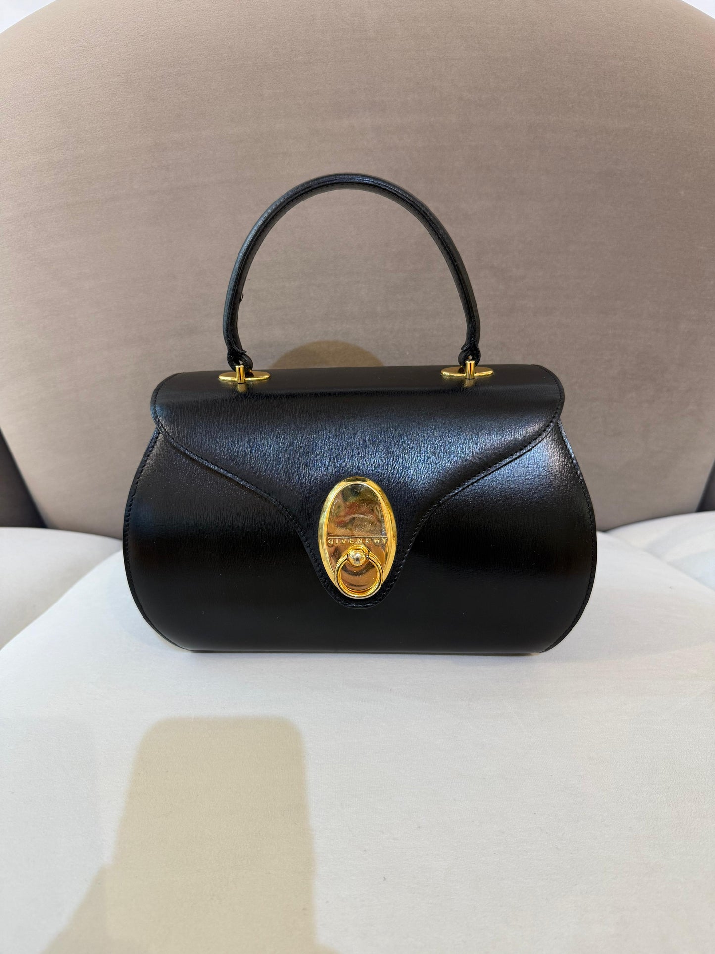Givenchy Vintage Black Leather Oval Lock Top Handle Bag