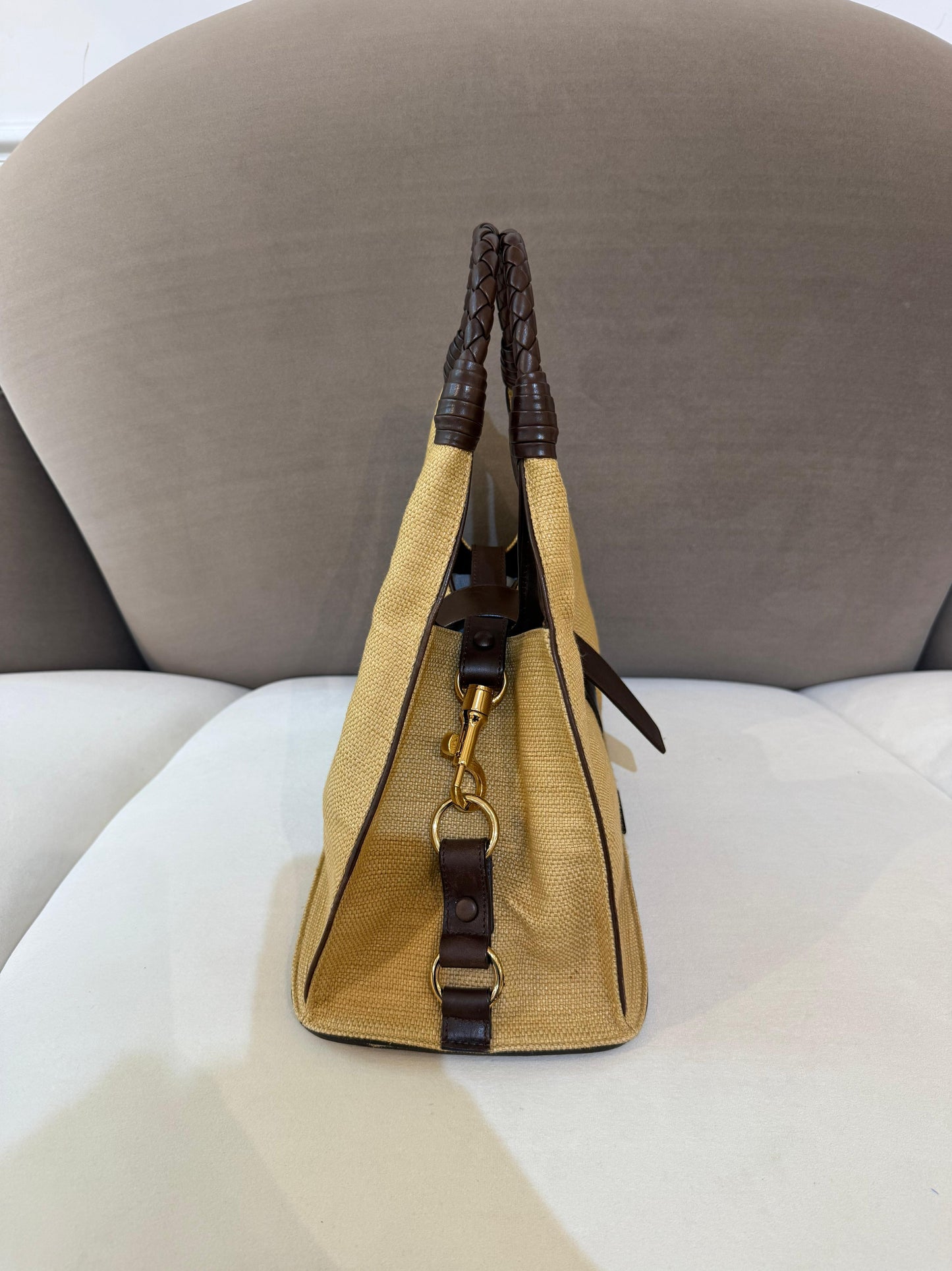 Bottega Veneta Vintage Woven Handle Raffia & Leather Handbag