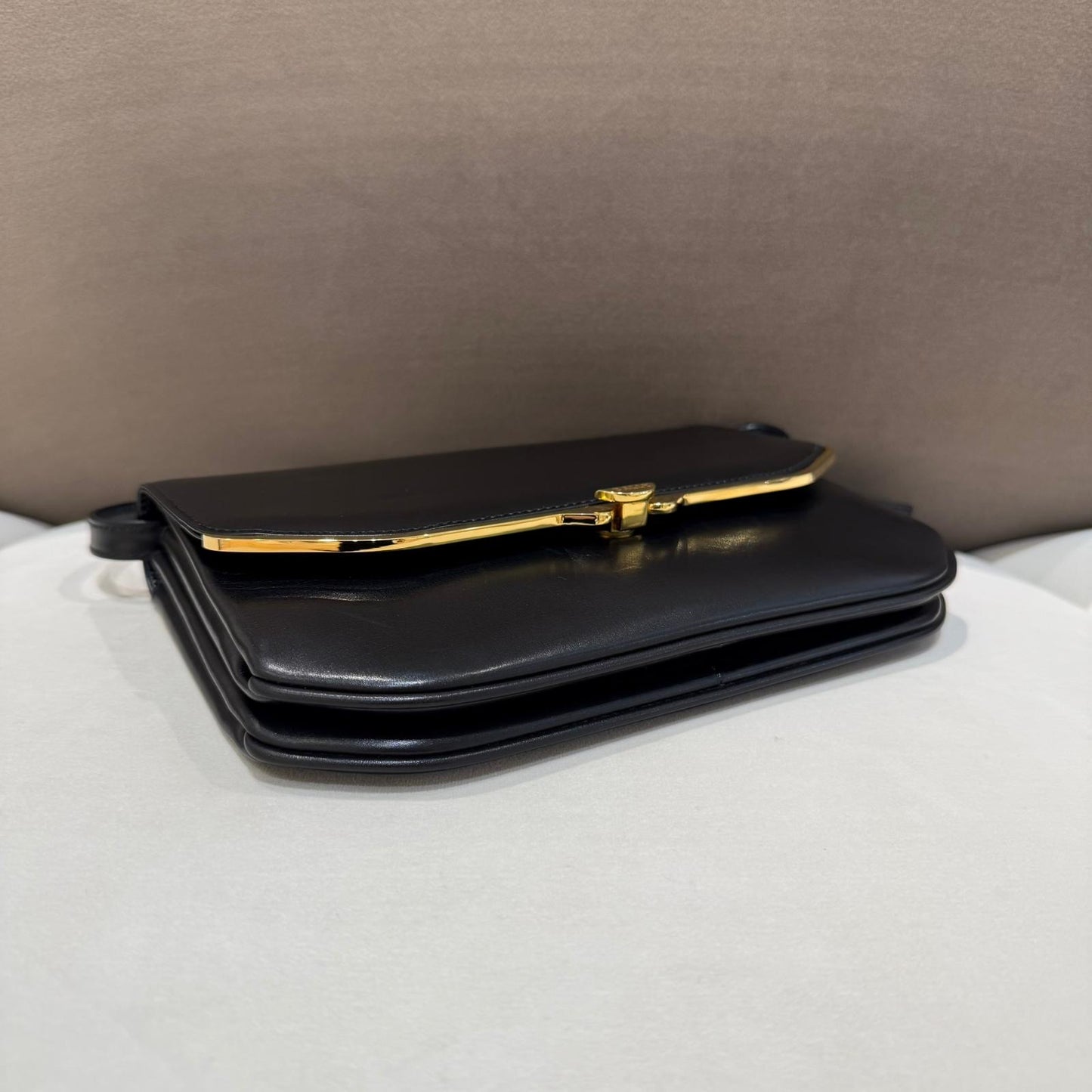 Bally Vintage Black Leather Curved Gold Trim Crossbody Shoulder Bag